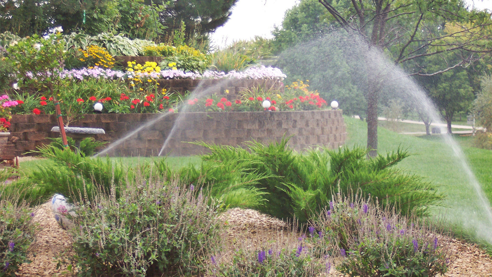 Drip and sprinkler irrigation on a garden bed, Andover MN